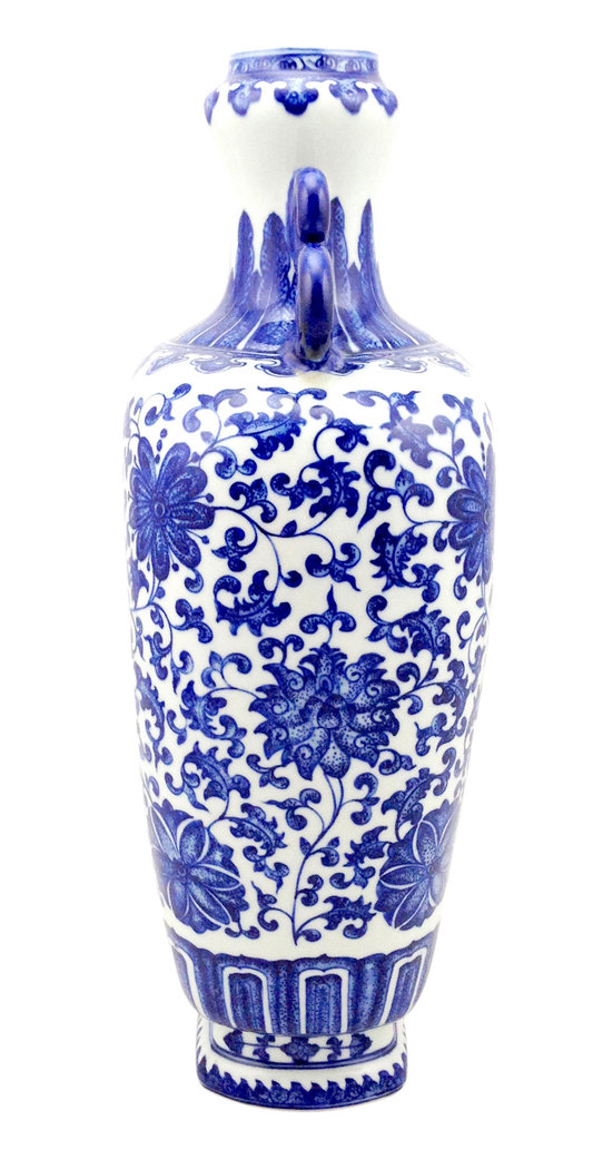 15030007 Chinesisches Blau Weiß Porzellan Vase mit Blüten und Rankenmuster, H 35 cm