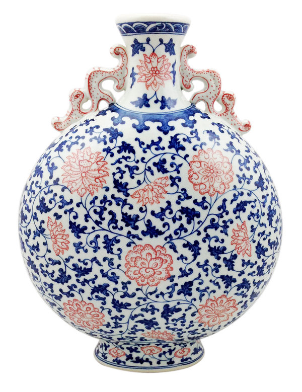 15030008 Chinesische Pilgerflasche mit Rankenmuster und Blüten, H 36 cm