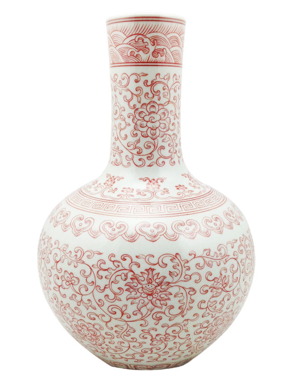 15030017 Chinesisches Porzellan Vase Rot Weiß, H 32 cm