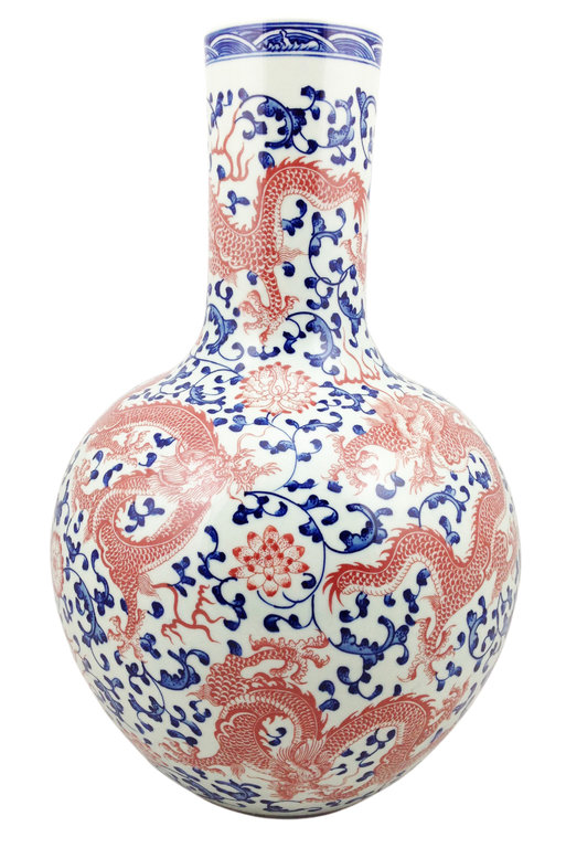 15030018 Chinesisches Porzellan Vase Drachen Blau Rot, H 46 cm