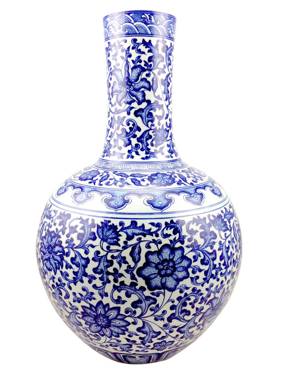 15030019 Chinesisches Blau Weiß Porzellan Blüten und Rankenmuster, H 65 cm